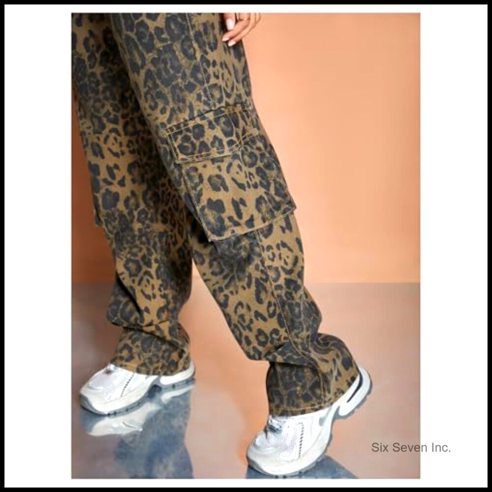 Leopard Print Cargo Pants, Button Front, Zipper Fly, Straight Leg - Picture 3 of 5
